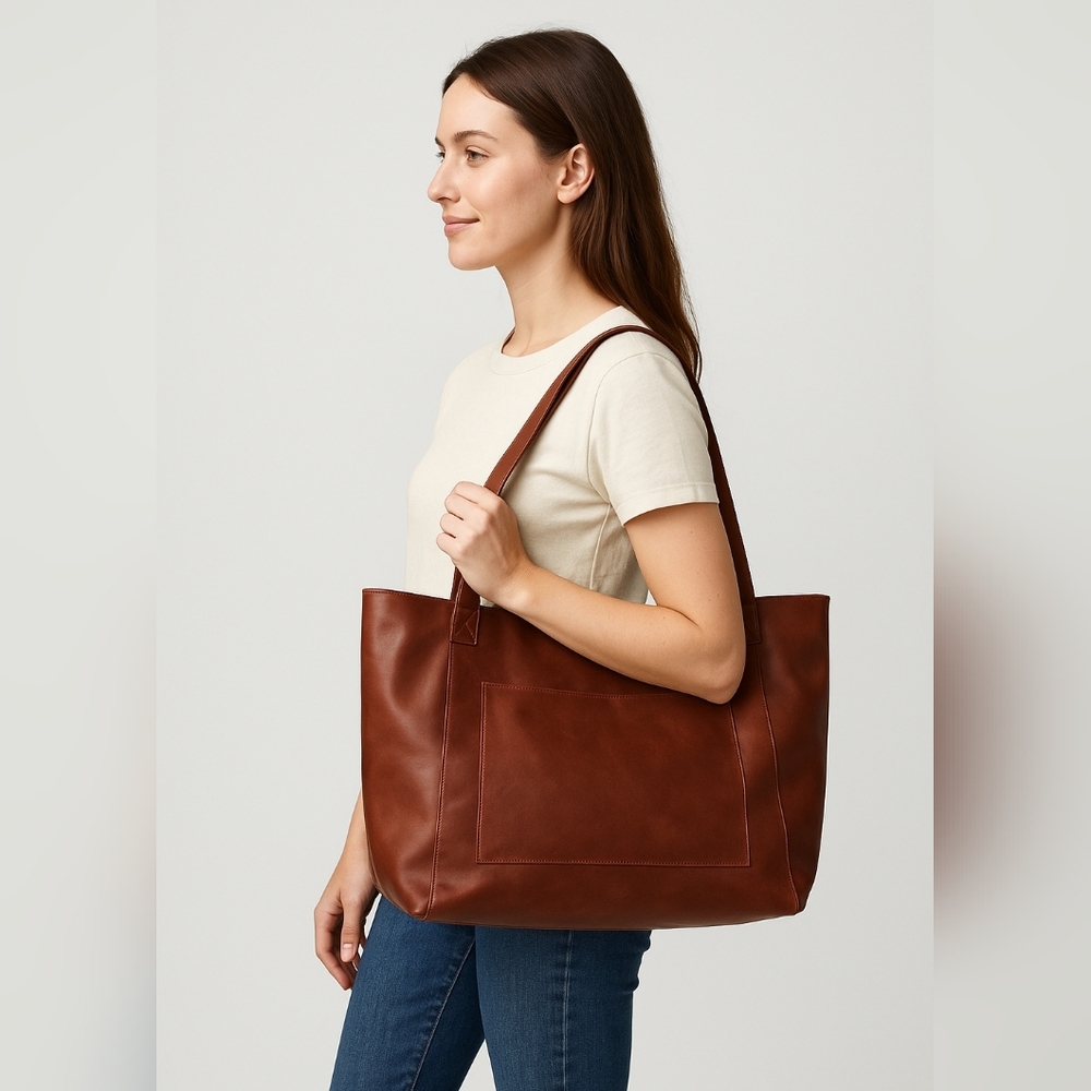 Stylish Burgundy Faux Leather Tote Bag w/ Front Pocket - Like New!